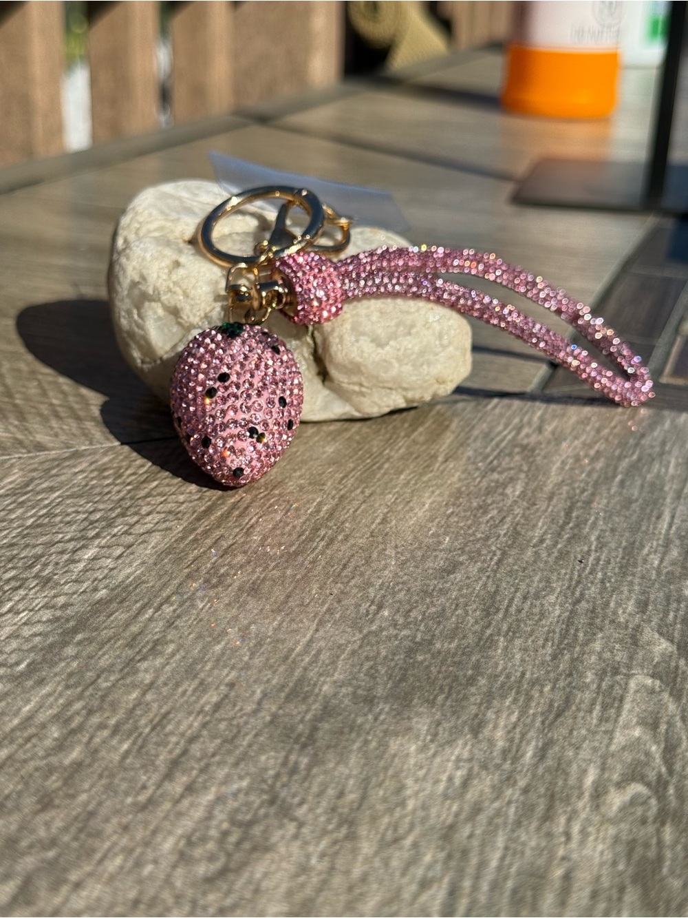 NWT Pink Crystal Strawberry Keychain Lanyard with Gold Hardware